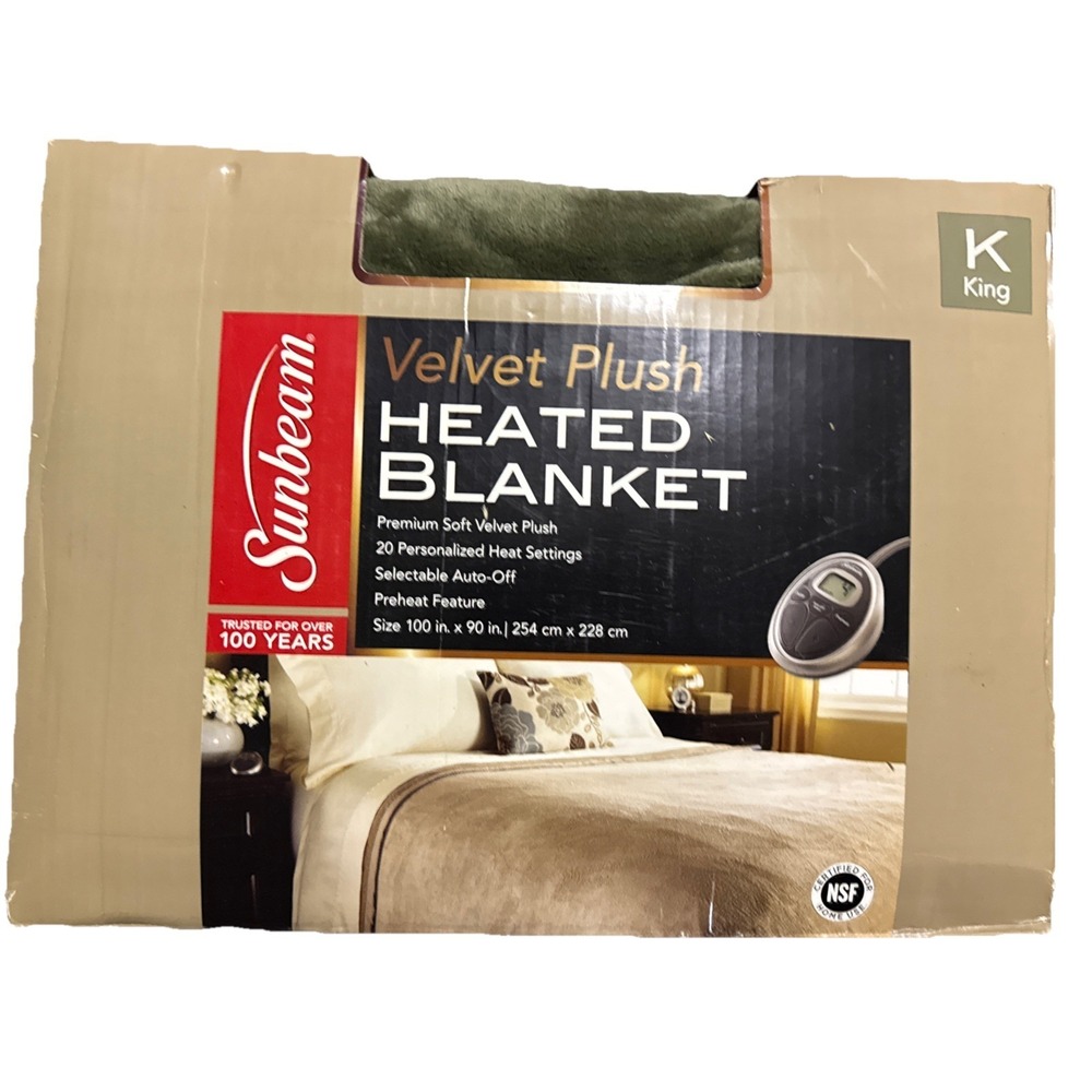 NEW Sunbeam 20 Settings Heated Velvet Plush Blanket King Size 100"x90" Green